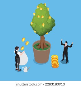 Business people harvest from money tree isometric 3d vector illustration concept banner, website, landing page, ads, flyer template