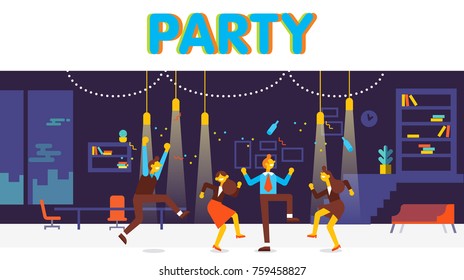 Business people have a party in office. They dancing , having fun and drinking alcohol at a party. Cartoon style, flat vector illustration.