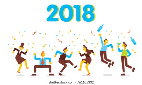 Business people have a party in office. They dancing , having fun and drinking alcohol at a party. Cartoon style, flat vector illustration.