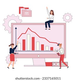 Business people have project strategy planning meeting. Colleagues work with computer and data. Teamwork with statistics analysis, discussion data report. Successful project planning and analysing