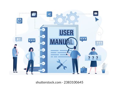 Business people have some questions. Group of employees needs help. Office workers read user manual or guidance. Problem solving, brainstorming, faq concept. Tiny business people. Vector illustration