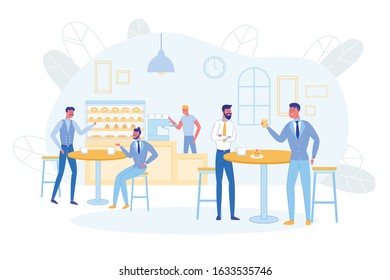 Business People Having Coffee Break or Lunch Sitting in Cafe at Tables Drinking Beverages, Eating Cakes and Communicating in Modern Restaurant or Bakehouse Interior. Cartoon Flat Vector Illustration