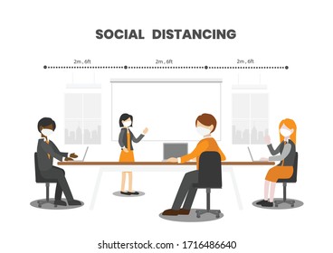 Business People Having A Conference, Wear Protective Face Masks In Meeting Room, Practice Social (Physical) Distancing By Stay 6 Feet (2 Meters) From Other, COVID-19 Outbreak Prevention. - Vector 