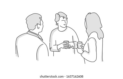 Business people having having free time and drinking coffee or tea. Line drawing vector illustration.