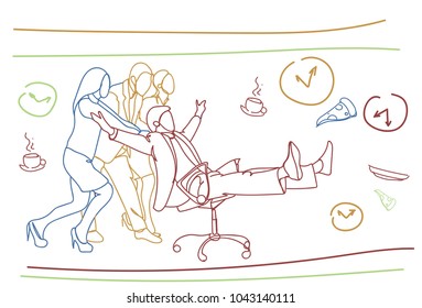 Business People Having Fun Riding Businessman On Office Chair Happy Cheerful Team Colorful Doodle Silhouettes Vector Illustration