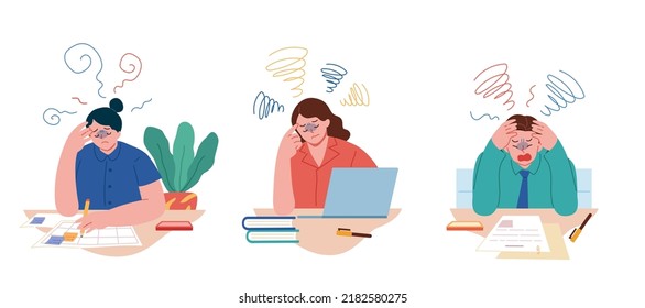 Business people having headache while working at their desks in office. Flat style illustrations of employees with headaches at workplace.