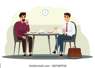 Business people having lunch in break. Office meeting with food and coffee in canteen or cafe. Corporate workers eating and discussing tasks, teamwork vector illustration.