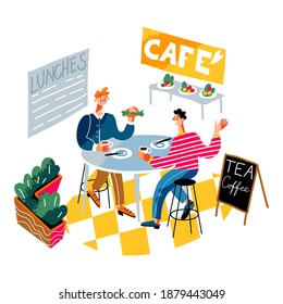 Business people having lunch in break. Office meeting with food and coffee in canteen or cafe. Corporate workers eating and discussing tasks, teamwork vector illustration.