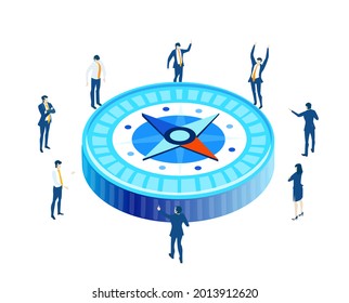 Business people having meeting next to compass, making designs which way to go. Partnerships.  New start up. Isometric iconographic of business working space with people, business concept