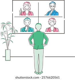 Business people having an online meeting on a large screen