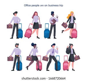 Business people having a business trip set. Female and male character walking with a suitcase and talking on their phone. Employee in business travel with a luggage. Flat vector illustration