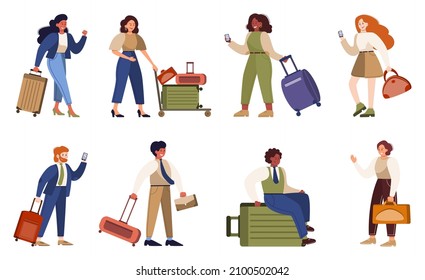 Business people having a business trip set. Female and male character walking with a suitcase and talking on their phone. Employee in business travel with a luggage. Flat vector illustration
