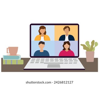 Business people having video conferences on a laptop. flat vector illustration.