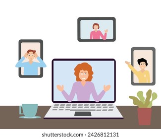 Business people having video conferences on a laptop. flat vector illustration.