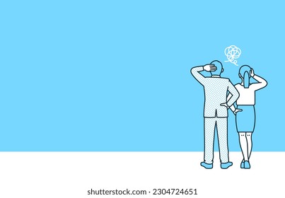 Business people with a headache over a problem. Illustration of a man and a woman discussing a solution.