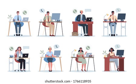 Business people with headphone. Call center office concept. Female and male characters talk to client or colleague. Idea of customer support. Assistance work. Flat vector illustration.