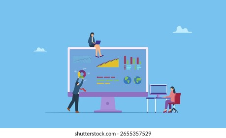 Los hombres de negocios ayudan a analizar los datos en el panel del monitor de la computadora. Gráfico y gráfico, estadísticas de investigación de datos, revisión financiera infográfica, diagrama de planificación de proyectos, análisis de información comercial.
