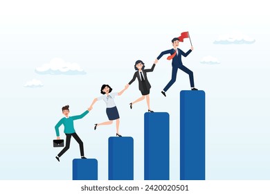 Business people help team climbing growth chart, teamwork to success together, employee career path or partnership support to help business growing, team collaboration or mentor and training (Vector)