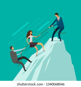 Business people is helping each other to the top of mountain. Teamwork concept. Climbing up, infographics vector illustration