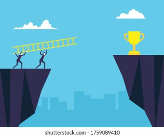Business people helping each other to the trophy by using the ladder. Flat design style vector concept  
