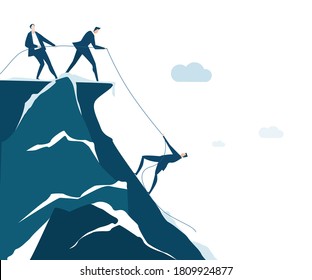 Business people helping a man to get up the mountain as symbol of finding solution, solving the problem, achievement, help and protection. Business concept illustration