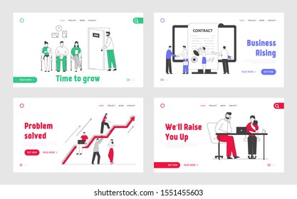 Business People Hiring Job and Working Website Landing Page Set. Applicants Searching Work in Office, Teamworking Employees, Contract Signing Web Page Banner. Flat Vector Illustration, Line Art