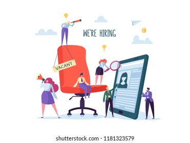 Business People Hiring New Staff. Office chair with vacancy sign. Head Hunters. Flat Characters are Examining a Resume. Recruitment Agency. Vector illustration