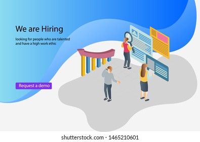 Business People Hiring New Staff Banner Design. Office Chair with Vacancy Sign. Recruit Career Talent Concept Website & isometric flat design