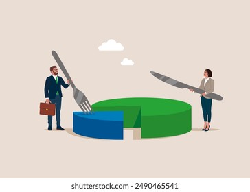 La gente de negocios sostiene el tenedor de cuchillo cortado comer dinero diagrama de moneda placa de pastel. Ganar cuota de mercado, ganar un alto porcentaje de la venta de productos. Ilustración vectorial