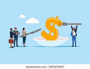 Business people  hold knife fork cut eat big dollar money symbol. Flat vector illustration