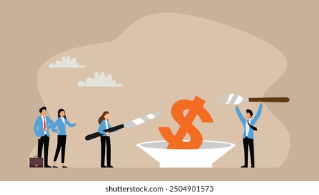 Business people hold knife fork cut eat big dollar money symbol 2d flat vector illustrations