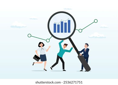 Business people hold magnifying glass analyzing data chart, data analysis, optimisation or marketing analytics for statistics improvement, growth or KPI measurement result, chart or diagram concept