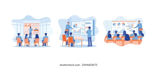 Business people hold online meetings with colleagues. Showing graph on the projector screen. Discuss statistical data. Business Seminar  Webinar concept. Set flat vector illustration.