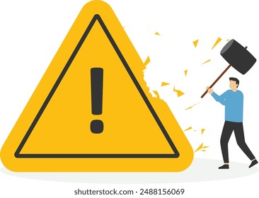 Business people hold sledgehammer crash huge yellow exclamation point. Flat vector illustration

