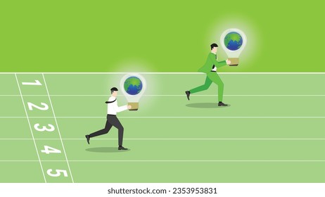 Business people hold the world light bulb run on a racetrack. good role model for employee. Idea of ESG policy, Environmental concern,  Sustainability, Sustainable Development, Green business concept.