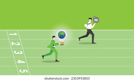 Business people hold the world light bulb run on a racetrack. good role model for employee. Idea of ESG policy, Environmental concern,  Sustainability, Sustainable Development, Green business concept.