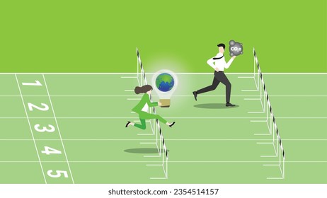 Business people hold the world light bulb run on a racetrack. good role model for employee. Idea of ESG policy, Environmental concern,  Sustainability, Sustainable Development, Green business concept.