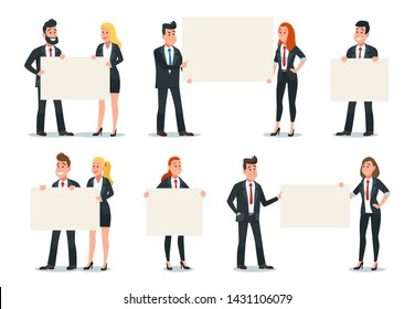 Business people holding banner. Businessman hold empty poster, office workers presentation signboard sign. Business manifestation, activists rights strike. Isolated icons vector illustration set