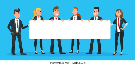 Business people holding banner. Man and woman office workers in suits and ties with blank or empty signboard for text. Employees searching for new candidate, having announcement vector illustration
