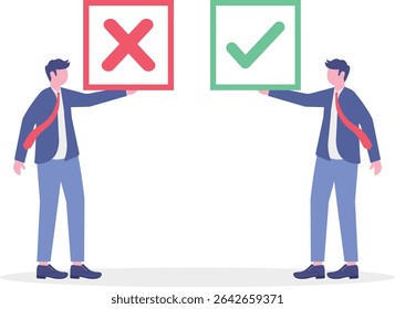 business people holding big pros and cons, right and wrong symbols.


