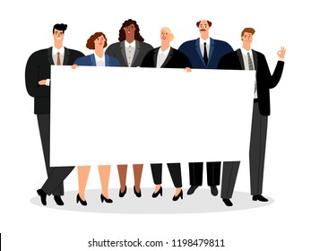 Business people holding blank banner on white. vector illustration