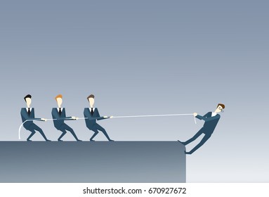 Business People Holding Businessman Hanging Cliff Partner Support Businesspeople Risk Teamwork Concept Vector Illustration