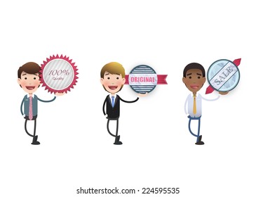 Business people holding buttons over white background