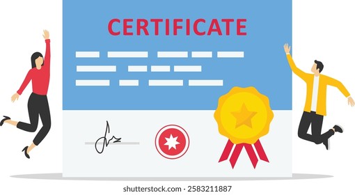 Business people holding with certificate and award paper. best graduate, cum laude. flat design. can be used for elements, landing pages. Vector illustration

