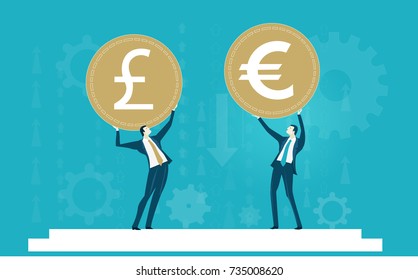 Business people holding up the currency symbols: pound, euro. Economy recession, Brexit. Business concept illustration 