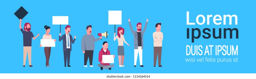 business people holding empty boards and shouting at the strike action blue background protection of personal data storage General Data Protection Regulation GDPR concept banner copy space