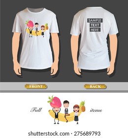 Business people holding fruits printed on shirt 