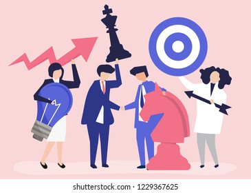 Business people holding goal and strategy icons illustration