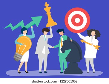 Business people holding goal and strategy icons illustration