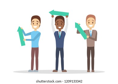 Business people holding green arrow in different direction. Character in suit. Idea of attention. Isolated vector flat illustration